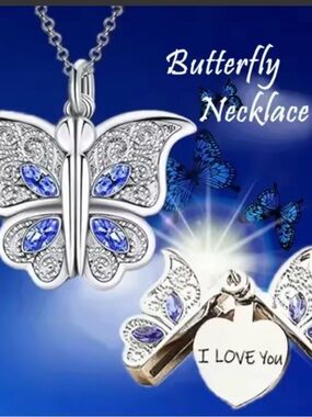 Butterfly Pendant Necklace with Blue Stones - I LOVE YOU Charm